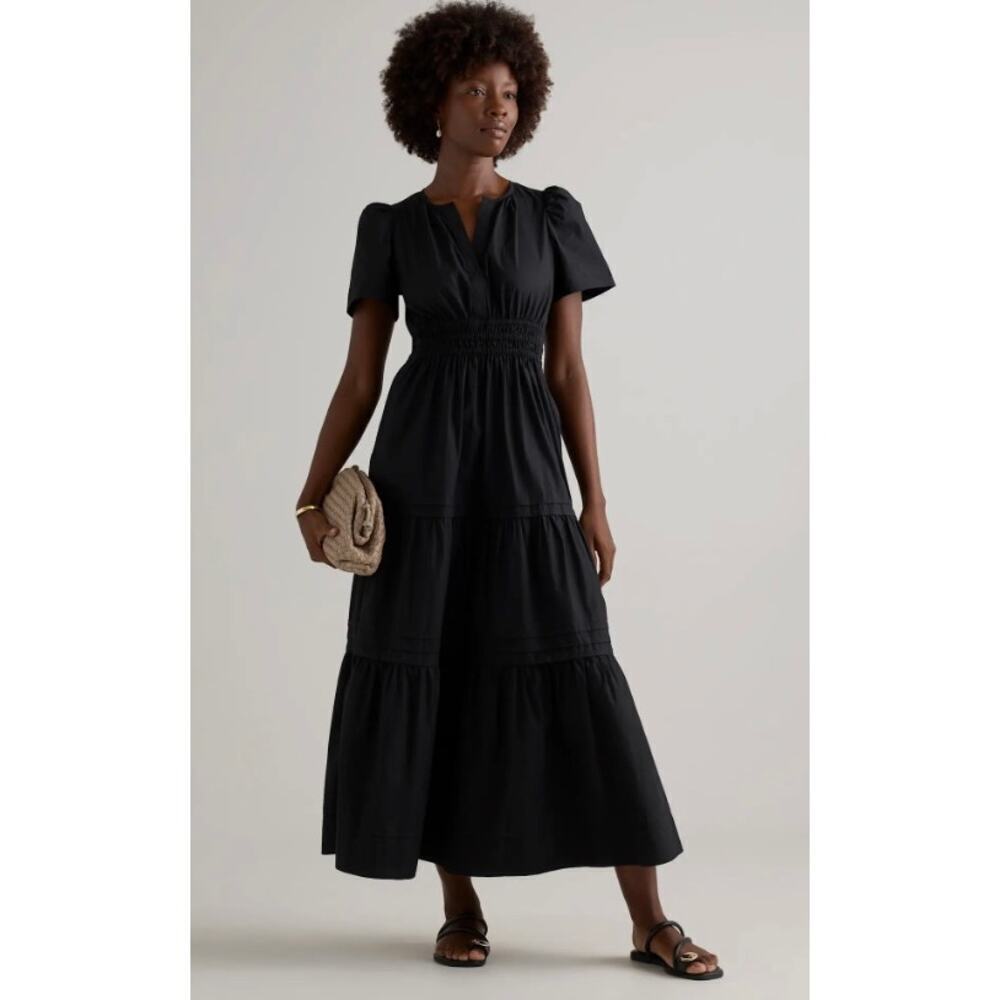 Quince 100% Organic Cotton Luxury Poplin Tiered Maxi Dress Navy Sz  #93